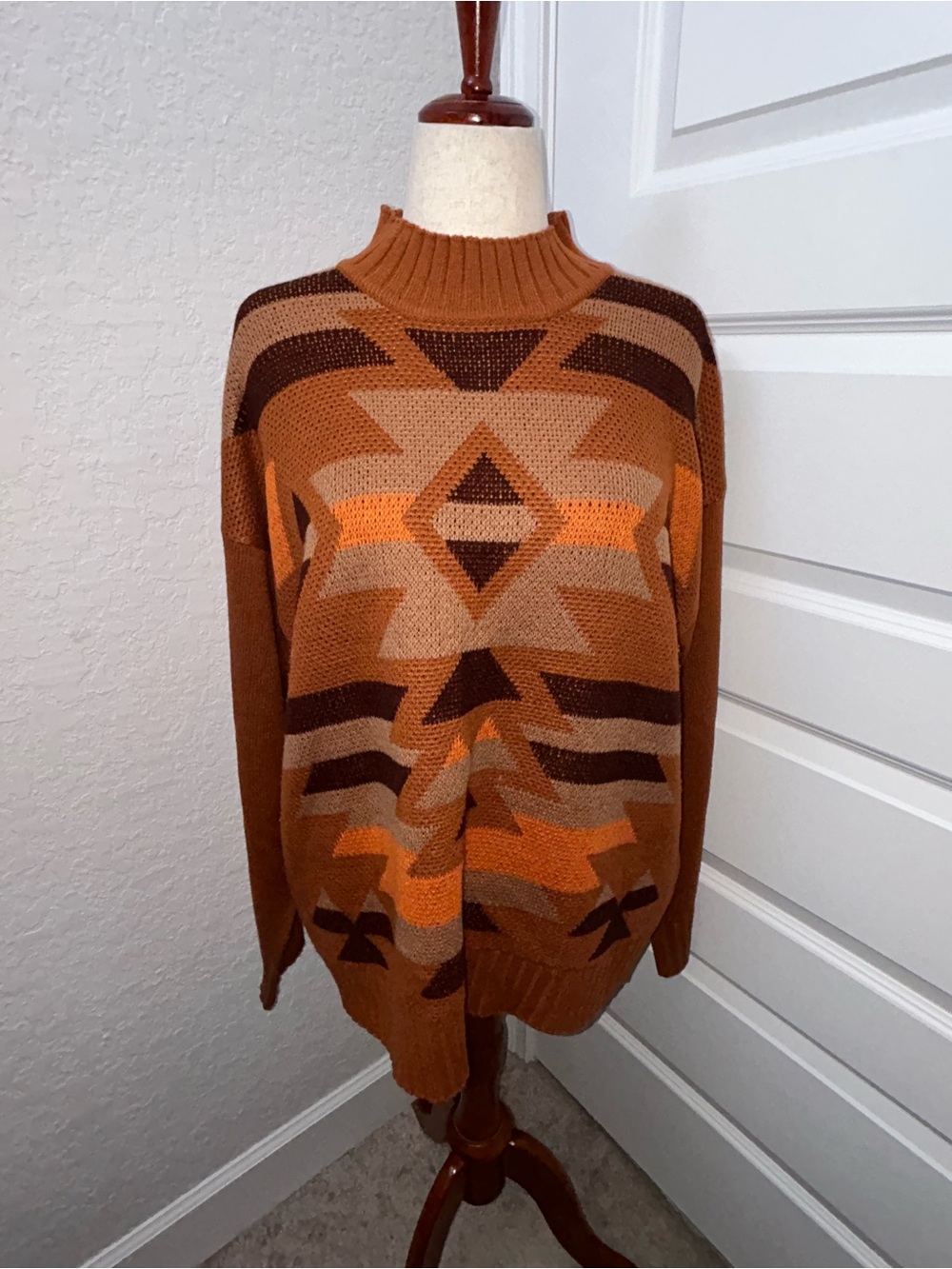 Savanna Jane Aztec Geometric Pattern Print Mock Neck Long Sleeve Sweater